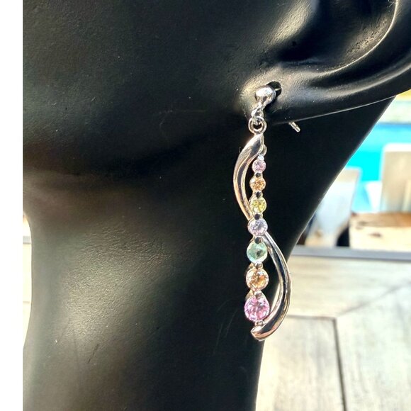 Vintage Silver Rainbow Drop Earrings W/ Multi Gemstones & Elegant Swirl Design - Picture 2 of 6
